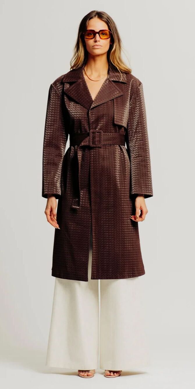 Torn By Ronny Kobo Regina Trench Coat Chocolate Brown Basket Weave Size L